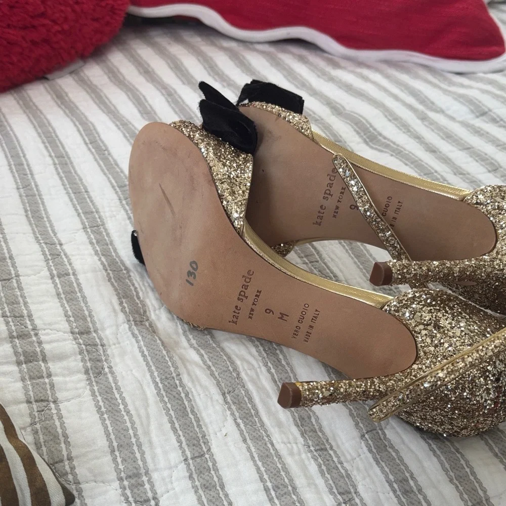 Rare Kate Spade Irwin Gold Glitter Black Velvet Bow Heels - Size 9, Never Worn